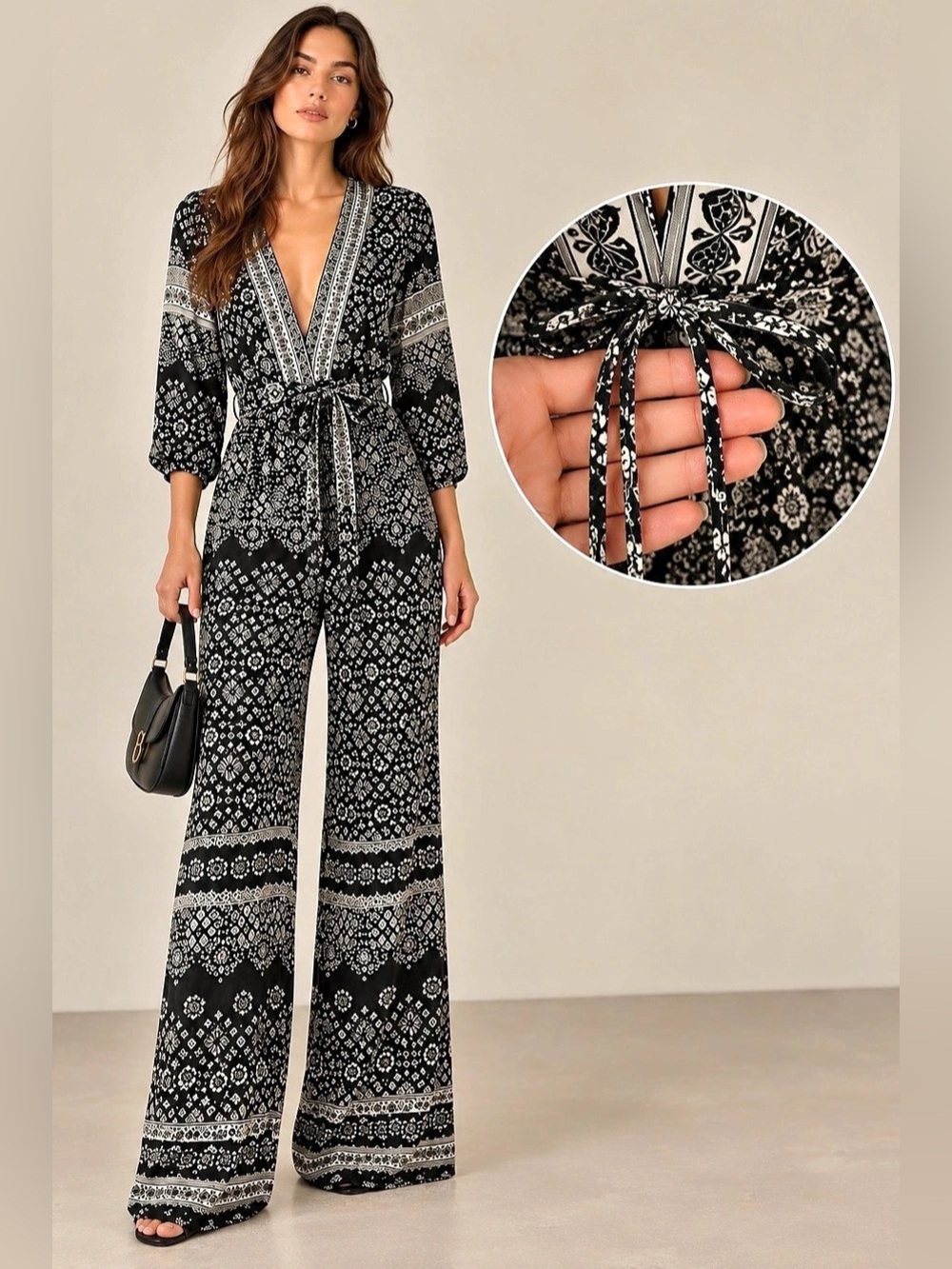 OYSHO Black & White Boho Print Belted Wide Leg Jumpsuit Size S